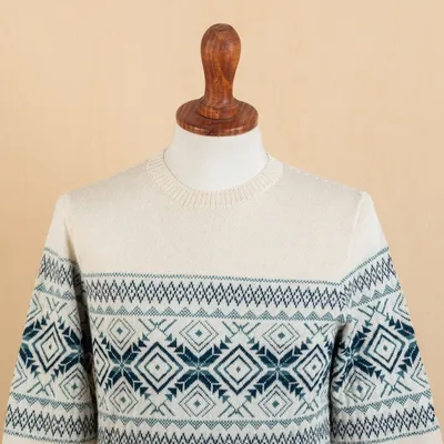 Alternate image for 100 Alpaca Mens Pullover Sweater with Geometric Design Clouds in the Andes