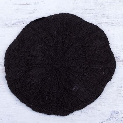Alternate image for Hand Knit Black 100 Alpaca Beret from Peru Dark Leaves
