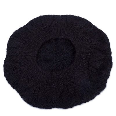 Alternate image for Hand Knit Black 100 Alpaca Beret from Peru Dark Leaves