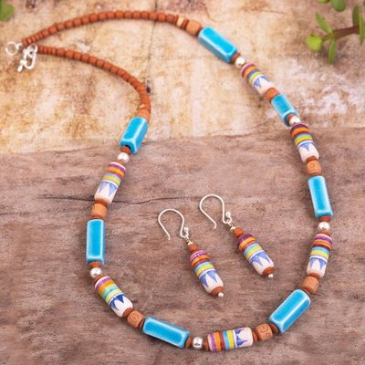 Alternate image for Blue Ceramic Bead Necklace and Earring Set from Peru Sky over Cusco