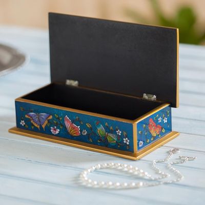 Alternate image for Reverse Painted Glass Butterfly Decorative Box in Cyan Butterfly Jubilee in Cyan