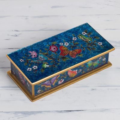 Alternate image for Reverse Painted Glass Butterfly Decorative Box in Cyan Butterfly Jubilee in Cyan