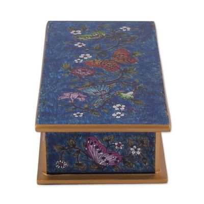 Alternate image for Reverse Painted Glass Butterfly Decorative Box in Cyan Butterfly Jubilee in Cyan