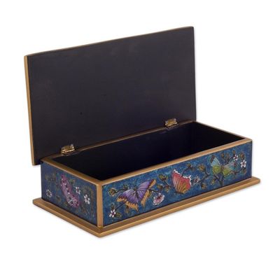 Alternate image for Reverse Painted Glass Butterfly Decorative Box in Cyan Butterfly Jubilee in Cyan