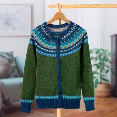 Alternate image for 100 Alpaca Green Yoke Cardigan From Peru Andean Forests
