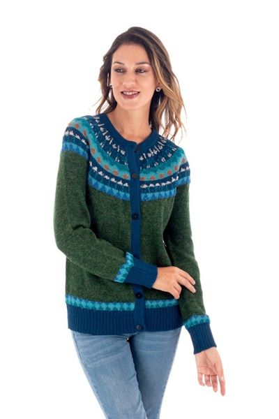 Alternate image for 100 Alpaca Green Yoke Cardigan From Peru Andean Forests