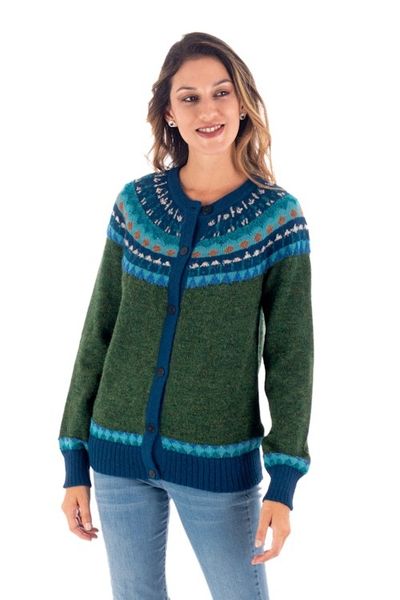Alternate image for 100 Alpaca Green Yoke Cardigan From Peru Andean Forests