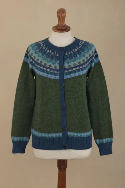 Alternate image for 100 Alpaca Green Yoke Cardigan From Peru Andean Forests
