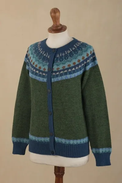 Alternate image for 100 Alpaca Green Yoke Cardigan From Peru Andean Forests