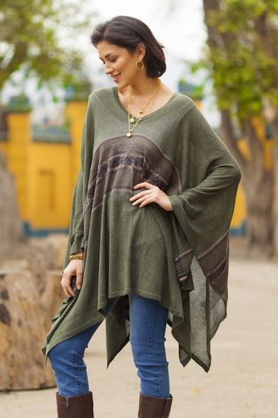Alternate image for Woven Cotton Blend Poncho in Olive Green from Peru Olive Mountain
