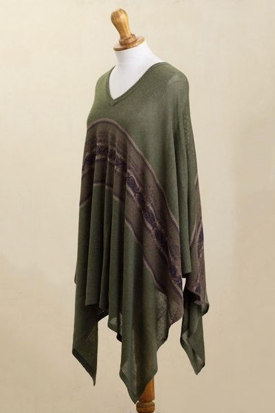 Alternate image for Woven Cotton Blend Poncho in Olive Green from Peru Olive Mountain