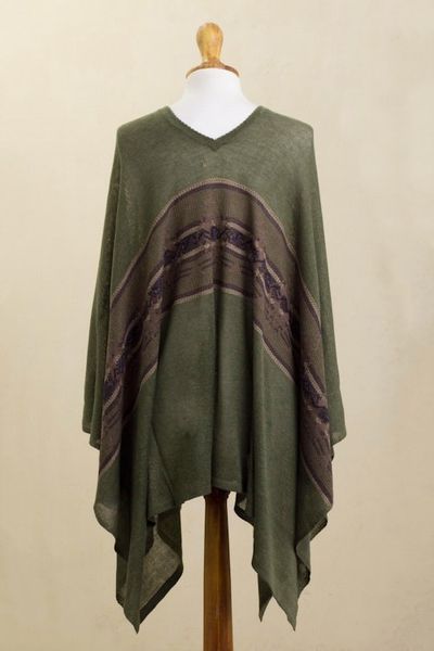 Alternate image for Woven Cotton Blend Poncho in Olive Green from Peru Olive Mountain