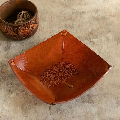 Alternate image for Squared Brown Hand Tooled Leather Catchall from Peru Sienna Tree