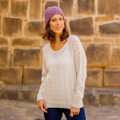 Alternate image for Cable Knit Baby Alpaca Blend Pullover in Ivory from Peru Warm Charm