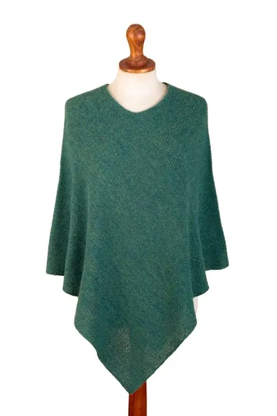 Alternate image for Green 100 Alpaca Poncho Crafted in Peru Embracing Forest