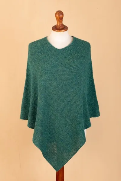 Alternate image for Green 100 Alpaca Poncho Crafted in Peru Embracing Forest