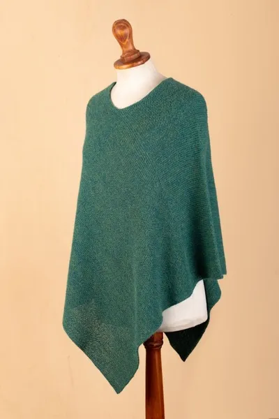 Alternate image for Green 100 Alpaca Poncho Crafted in Peru Embracing Forest