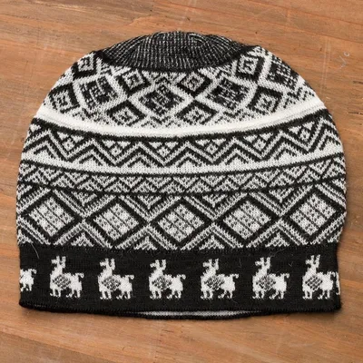 Alternate image for Black and White Diamond Motif Alpaca Blend Knit Hat Alpaca Parade in Black
