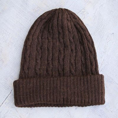 Alternate image for Hand Woven 100 Alpaca Wool Beanie Hat Brown Mountain Roads