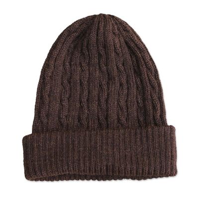 Alternate image for Hand Woven 100 Alpaca Wool Beanie Hat Brown Mountain Roads