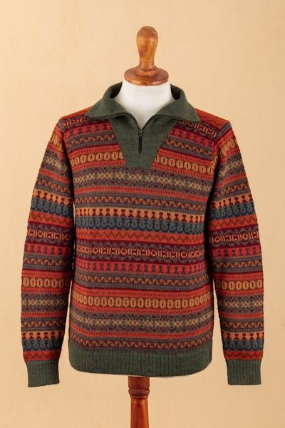 Alternate image for Mens Fair Trade Alpaca Art Knit Pullover Sweater Mountain Sunset