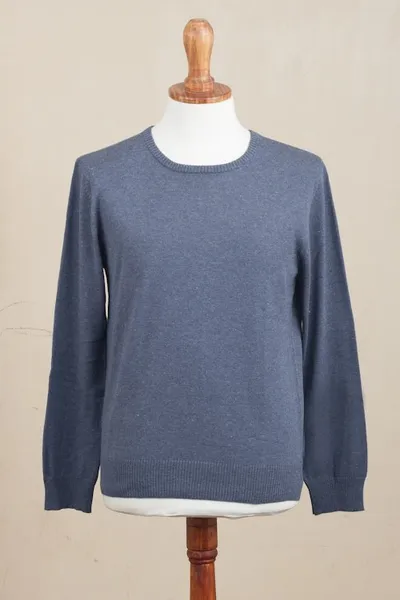 Alternate image for Mens Crew Neck Cotton Blend Pullover in Indigo from Peru Casual Comfort in Indigo