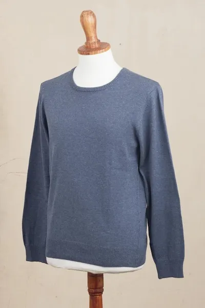 Alternate image for Mens Crew Neck Cotton Blend Pullover in Indigo from Peru Casual Comfort in Indigo
