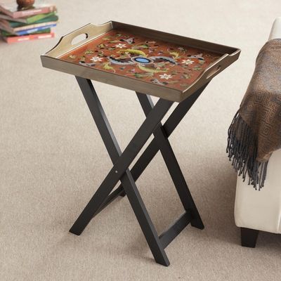 Alternate image for Handmade Reverse Painted Glass Wood Glass Folding Table Scarlet Delight