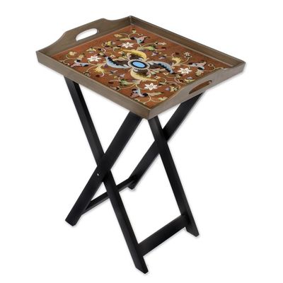 Alternate image for Handmade Reverse Painted Glass Wood Glass Folding Table Scarlet Delight
