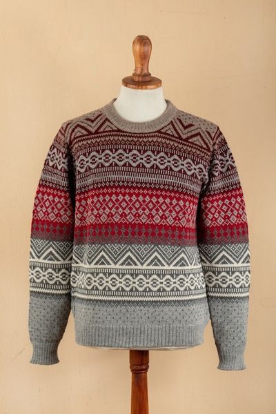 Main image for Mens Soft Grey and Red 100 Alpaca Pullover from Peru Grey Adventures