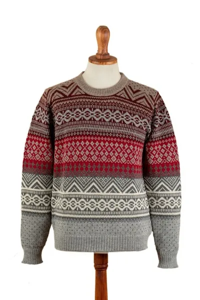 Alternate image for Mens Soft Grey and Red 100 Alpaca Pullover from Peru Grey Adventures
