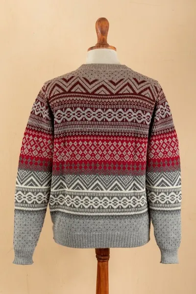Alternate image for Mens Soft Grey and Red 100 Alpaca Pullover from Peru Grey Adventures