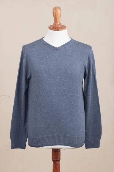 Alternate image for Mens V-Neck Cotton Blend Pullover in Indigo from Peru Warm Adventure in Indigo
