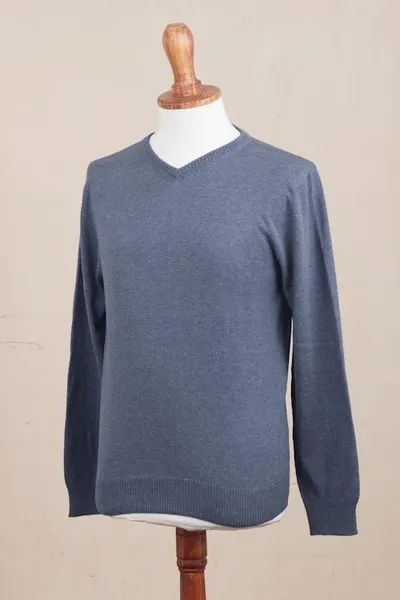 Alternate image for Mens V-Neck Cotton Blend Pullover in Indigo from Peru Warm Adventure in Indigo