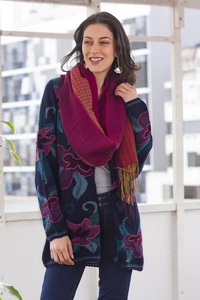 Main image for Floral Intarsia Knit Cardigan Sweater in 100 Alpaca Cusco Flowers in Blue