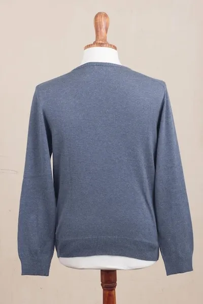 Alternate image for Mens V-Neck Cotton Blend Pullover in Indigo from Peru Warm Adventure in Indigo