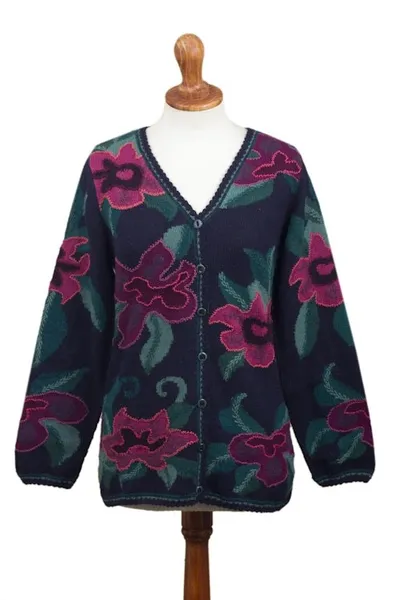 Alternate image for Floral Intarsia Knit Cardigan Sweater in 100 Alpaca Cusco Flowers in Blue