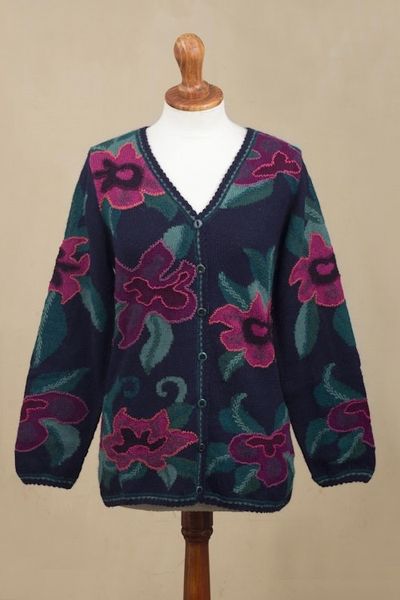 Alternate image for Floral Intarsia Knit Cardigan Sweater in 100 Alpaca Cusco Flowers in Blue