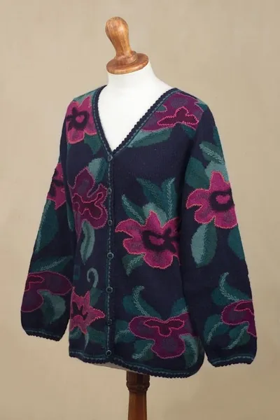 Alternate image for Floral Intarsia Knit Cardigan Sweater in 100 Alpaca Cusco Flowers in Blue