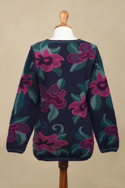 Alternate image for Floral Intarsia Knit Cardigan Sweater in 100 Alpaca Cusco Flowers in Blue
