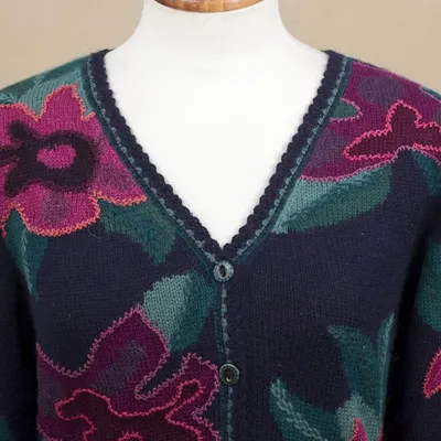 Alternate image for Floral Intarsia Knit Cardigan Sweater in 100 Alpaca Cusco Flowers in Blue