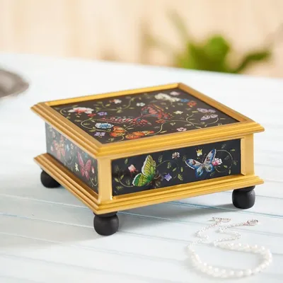 Alternate image for Black Reverse-Painted Glass Decorative Box with Butterflies Midnight Garden