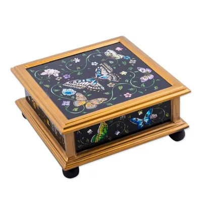 Alternate image for Black Reverse-Painted Glass Decorative Box with Butterflies Midnight Garden