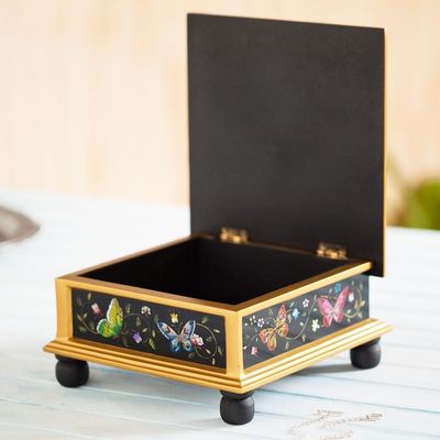 Alternate image for Black Reverse-Painted Glass Decorative Box with Butterflies Midnight Garden
