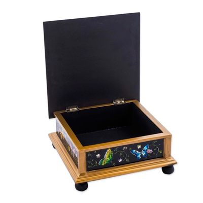 Alternate image for Black Reverse-Painted Glass Decorative Box with Butterflies Midnight Garden