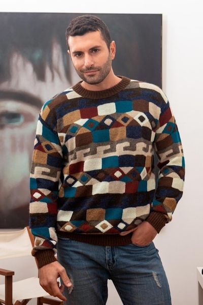 Main image for Geometric Intarsia Knit 100 Alpaca Mens Sweater Adventure Geometry