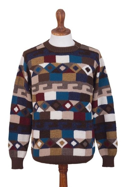Alternate image for Geometric Intarsia Knit 100 Alpaca Mens Sweater Adventure Geometry