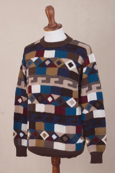 Alternate image for Geometric Intarsia Knit 100 Alpaca Mens Sweater Adventure Geometry