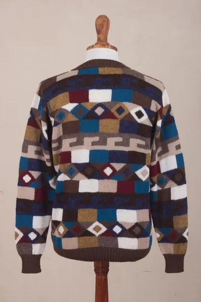 Alternate image for Geometric Intarsia Knit 100 Alpaca Mens Sweater Adventure Geometry