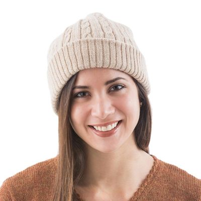 Alternate image for Unique Womens Alpaca Wool Solid Knit Hat Tan Mountain Roads